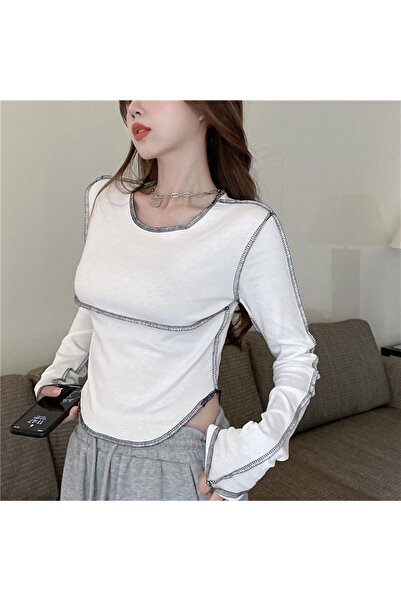 Touz Cultură albă cu mânecă lungă Y2K Streetwear, cu detaliu cusătură pe spate