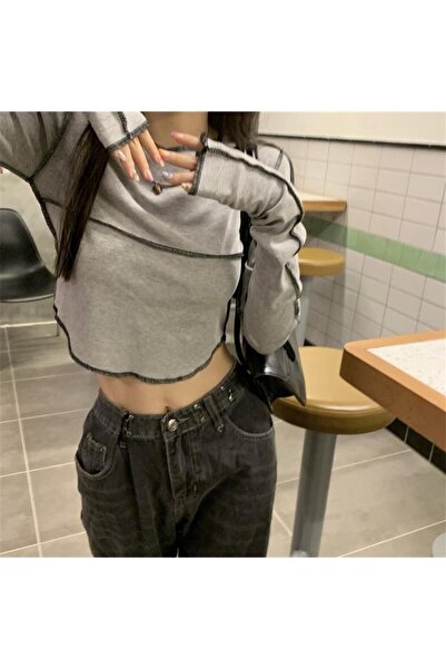 Touz Y2K Streetwear Long Sleeve Gray Crop with Backstitch Detail