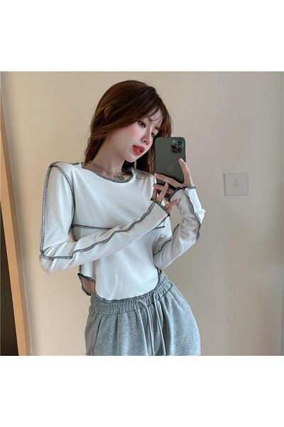 Touz Y2K Streetwear Μακρυμάνικο Λευκό Crop με λεπτομέρεια Backstitch