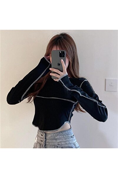 Touz Y2K Streetwear Backstitch részletes hosszú ujjú fekete vágás