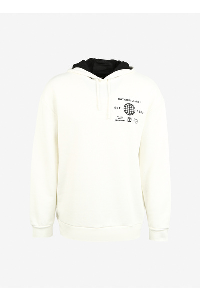 Caterpillar Ekru Erkek Kapüşonlu Loose Fit Baskılı Sweatshirt C3WM-SWT19