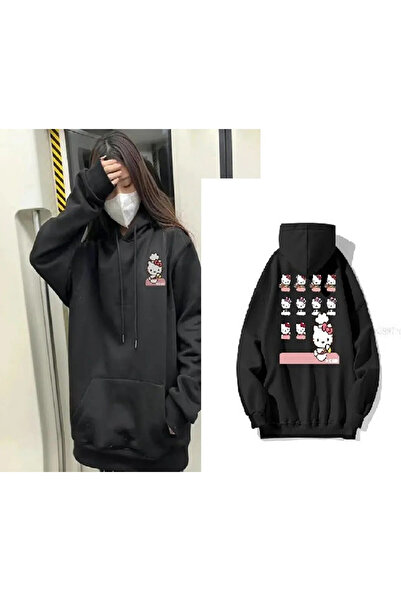 Gofeel Crna majica Black Kitty Y2k Harajuku Oversize kroj Sa kapuljačom Tech