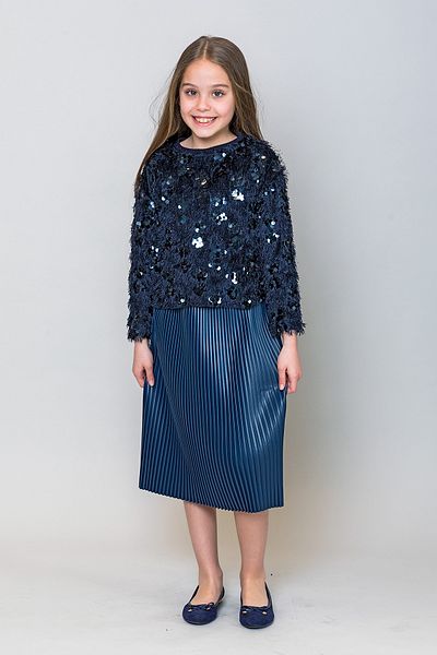 incity Girl's Navy Blue Midi Length Pleated Leather Skirt