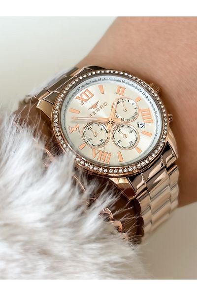 FERRO Functions Active Rose Steel Strap Women's Wristwatch + Bracelet