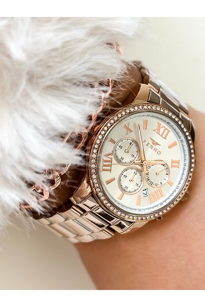 FERRO Functions Active Rose Steel Strap Women's Wristwatch + Bracelet