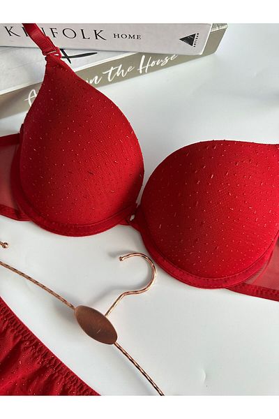 dem merys Valentine's Day Special Red Stone Printed Light Support Soft Cup Bra Set