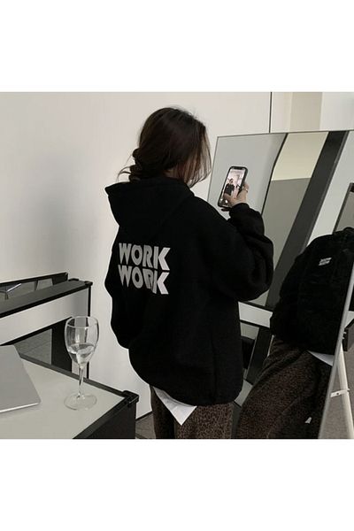 Josette Unisex Μαύρη φούτερ εργασίας με στάμπα με κουκούλα oversize