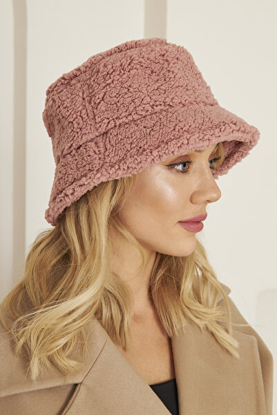 Eke Tekstil Pembe Kadın Peluş Kova Model Balıkçı Bucket Hat Kışlık Şapka