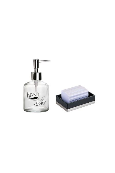 Bosphorus BATHROOM SET, HAND SOAP WRITTEN GLASS LIQUID SOAP HOLDER AND ACRYLIC BLACK SOAP HOLDER
