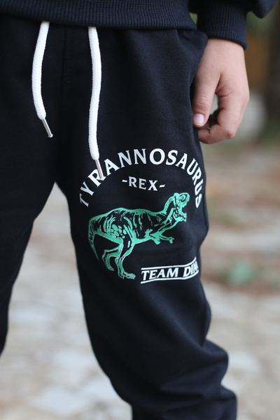 han collection Set de trening pentru băieți cu 2 fire de buzunare din material de sus și de jos cu imprimeu Tyrannosaurus pentru vârstele 7-14