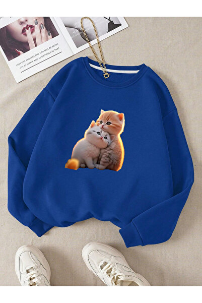 Adrift Котенца Цветна прекалено голяма велосипедна памучна блуза СИНЬО