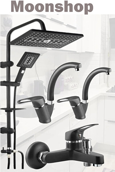 MOONSHOP Siyah Robot Tepe Yağmurlama Duş Başlığı 3Lü Banyo Mutfak Batarya Tak...