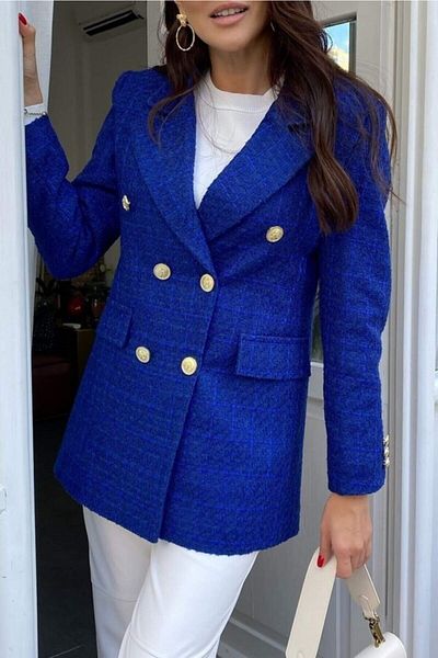 buqre's moda Jachetă din tweed pentru femei, cu nasturi aurii