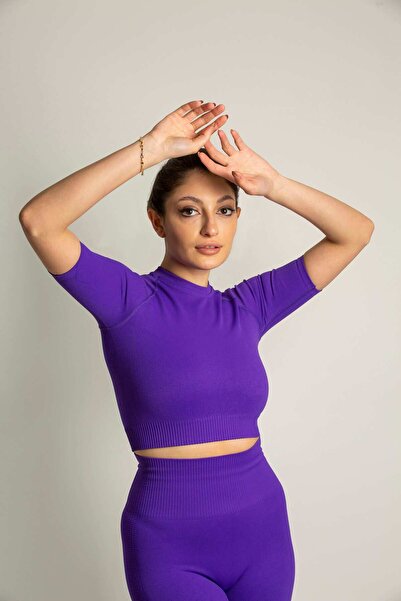 Sporcum Mor Seamless Toparlayıcı Esnek Kısakollu Kadın Spor Crop Top – Lilium...