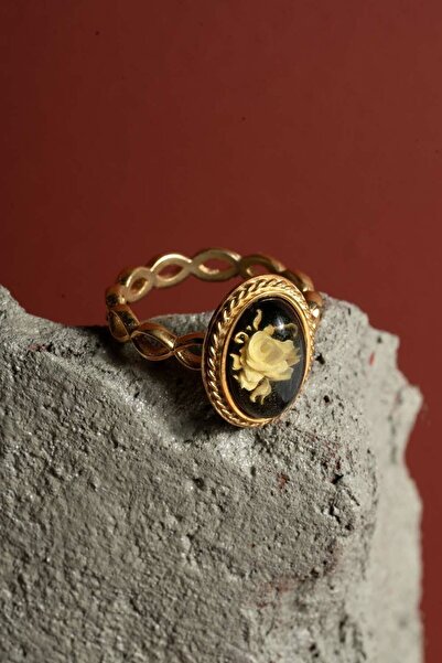 Takıdepo Damla Kehribar Içine Gül Desenli Minimal Gümüş Yüzük-altın Rengi