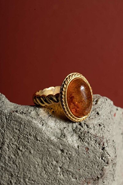 Takıdepo Damla Kehribar Taşlı Minimal Gümüş Yüzük-altın Rengi