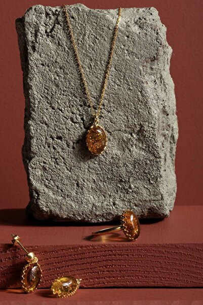 Takıdepo Damla Kehribar Taşlı Minimal Gümüş Takı Seti-altın Rengi