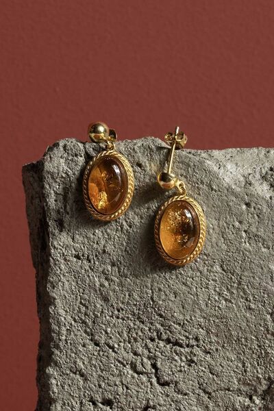 Takıdepo Damla Kehribar Taşlı Minimal Gümüş Küpe-Altın Rengi