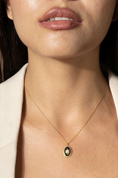 Takıdepo Damla Kehribar İçine Gül Desenli Minimal Gümüş Kolye-Altın Rengi