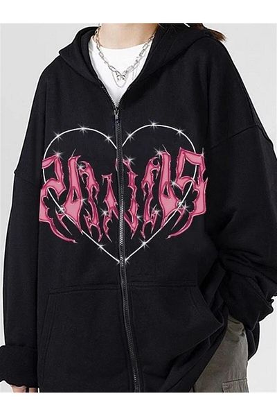Planet Butik Pink Heart with Black Spikes Oversize Zippered Black Unisex Hooded Cardigan