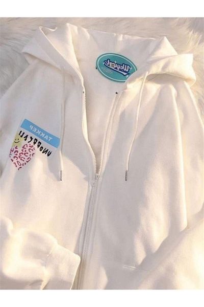 Planet Butik Star White Thick Fabric Zippered Hooded Cardigan