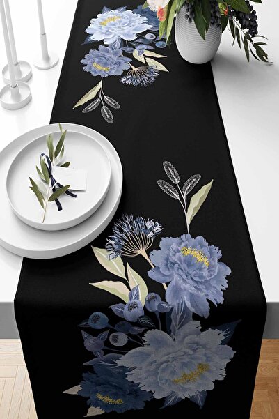 Pilloveland Runner Mavi Peony Desenli Süet Dokuma 140*40 Cm