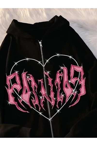 Planet Butik Pink Heart with Black Spikes Oversize Zippered Black Unisex Hooded Cardigan