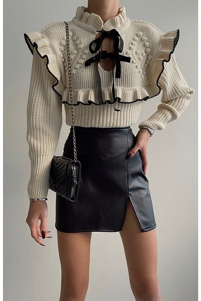 SG Boutique Bow Detailed Frilly Ecru Knitwear Women's Sweater New Season