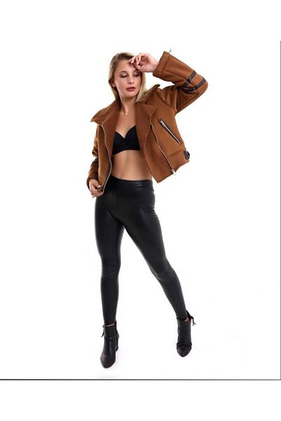 Azra Moda Style Fur Detail Suede Leather Brown Coat Women