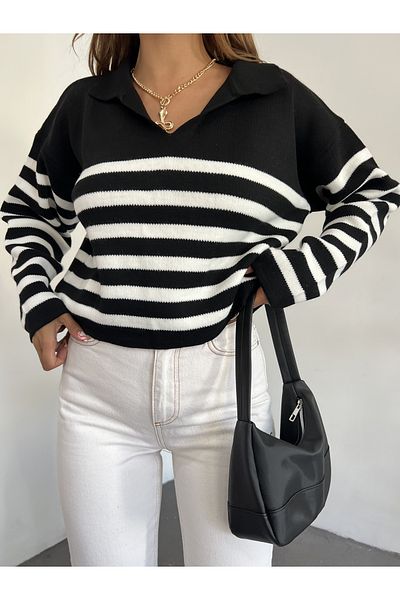 Jose Clothing Pulover de damă, cu gât polo, cu mânecă lungă, cu dungi