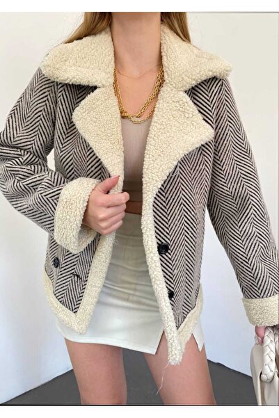 Azra Moda Style Fur Detail Houndstooth Plush Coat Jacket Women