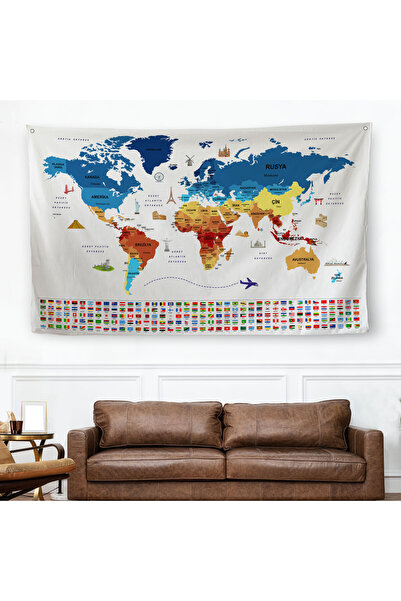 Harita Sepeti غطاء حائط لخريطة العالم المزخرفة بتصميم علم الدولة - سجادة 3857