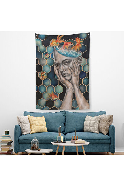 Harita Sepeti لوحة فنية جدارية من القماش للنساء والأسماك سريالية، غطاء حائط م...