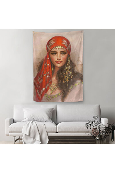 Harita Sepeti Красива жінка в червоній хустці Настінне покривало-килим - Килим-6206