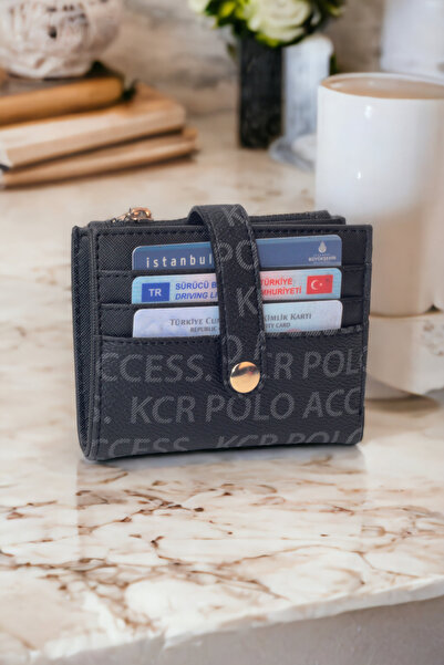 dericom Kadın Yazı Desenli Çıtçıtlı Kağıt Para Bölmeli Bol Kartlıklı Şık Siya...