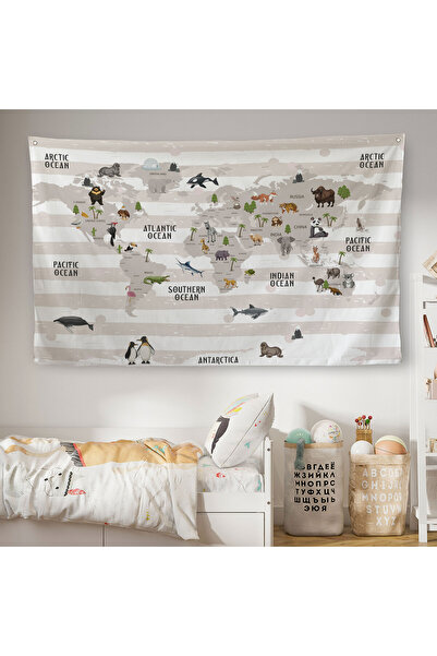 Harita Sepeti غطاء حائط لغرفة الأطفال والرضع بتصميم خريطة العالم التعليمية - ...