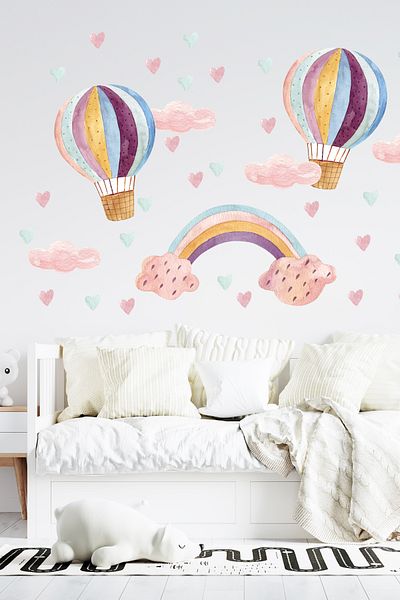 Sim Tasarım Colorful Rainbow and Flying Balloons Decorative Kids Room Wall Sticker Set