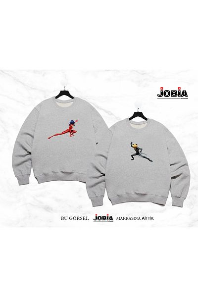 Jobia Outdoors Γυναικείες Ανδρικές Καρδιές Tom And Jerry Printed Lover Couple Combination Crew Neck 3 Thread Raster Σετ 2 τεμαχίων
