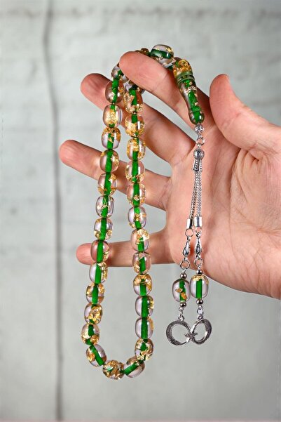 izmirpazarı Green Color Gold Scale Large Grain Powder Amber Rosary