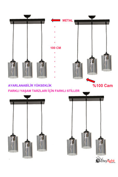 Etsylight Dora Füme Glass Sıralı Lüx 3 Mutfak Avize, Salon Avize, Yemek Masası Avize