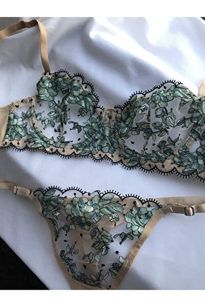 esberry Ten ve Siyah Nakışlı Kapsız Tül Bralet Tanga Brode Takım