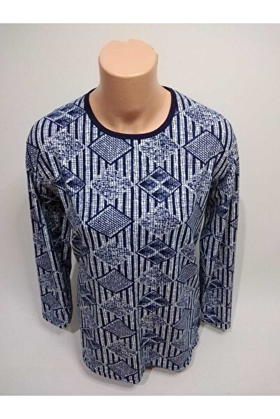 YAŞAR TRİKO Kadın Lacivert Desenli Bisiklet Yaka Uzun Kollu Yanları Yırtmaçlı...