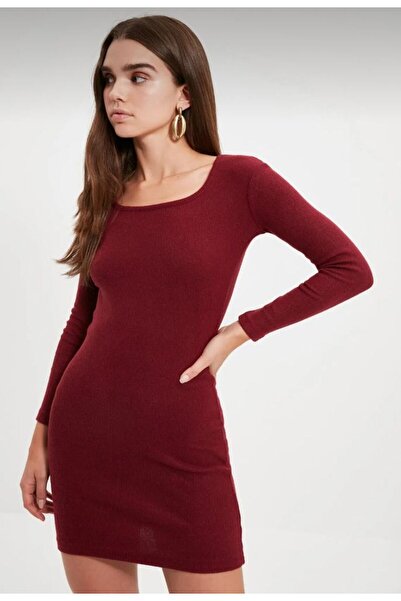 mor butik Μίνι ζακέτα με τετράγωνο γιακά με ελαστικό πλεκτό φόρεμα μπορντό su...