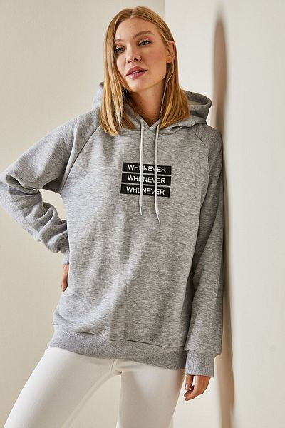 XHAN Gray Text Detailed Raised Hooded Sweatshirt 4KXK8-47597-03