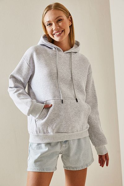 XHAN Gray Kangaroo Pocket Hooded Sweatshirt 4KXK8-47607-03
