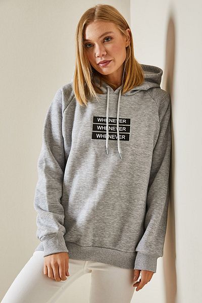 XHAN Gray Text Detailed Raised Hooded Sweatshirt 4KXK8-47597-03
