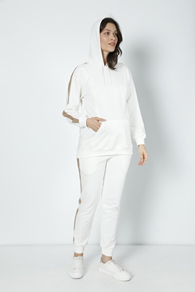 Miss Dünya Lissa Ekru Şeritli Hamile ve Lohusa Kapüşonlu Sweatshirt Eşofman Takımı