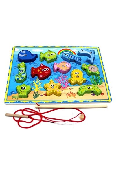 BAMTEBİ Ahşap İpli Mıknatıslı Balık Tutma Oyunu -İpli Bultak Puzzle Balık Tut...