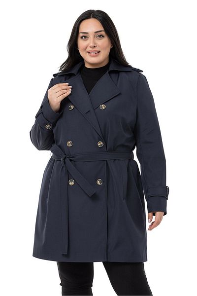 DISENTIS MODEST Large Size Double-breasted Fleto Pocket Belted Epaulet Lined Navy Blue Trench Coat
