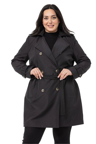 DISENTIS MODEST Large Size Double-breasted Fleto Pocket Belted Epaulet Lined Black Trench Coat